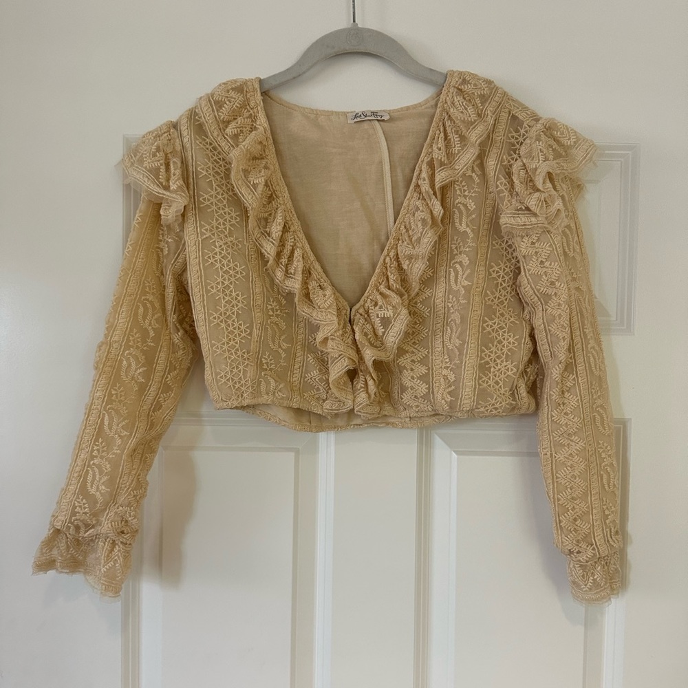 Love shack fancy long sleeve tan lace ruffle crop top